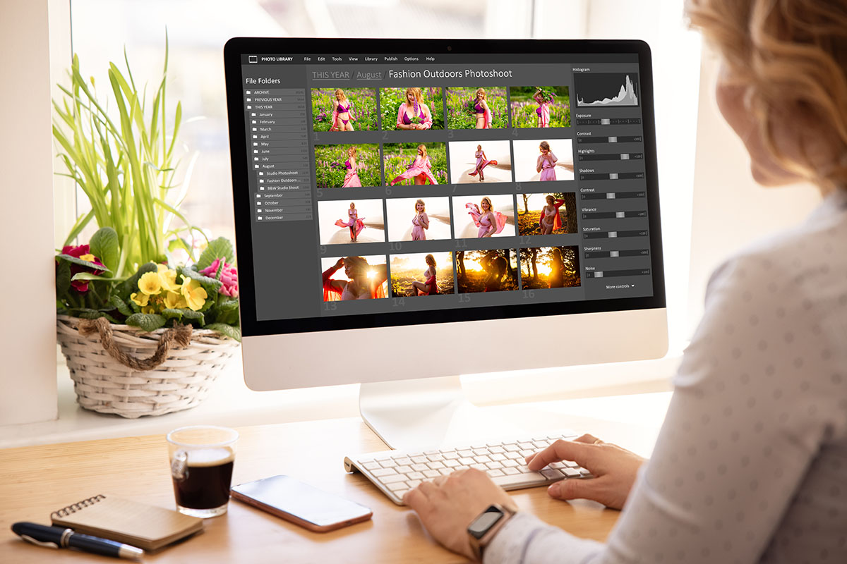 woman looking at photographs on a computer